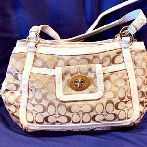 Beautiful Coach Signature Sateen Tote With White Leather Trim Style A0982- 13605